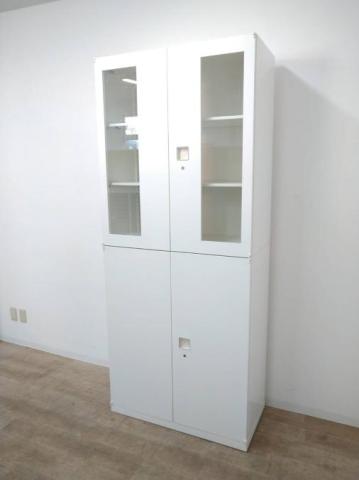 【西】【福岡西店】【定価約16万円】【ガラス両開きとスチール両開き書庫の上下セット商品】■オカムラ製　レクトライン　上下書庫セット【チェア】【椅子】【熊本オフィス家具】【熊本中古家具】【中古事務什器】【中古チェア】【中古椅子】【半導体】